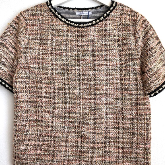 ZARA Boucle Tweed Pearl Trim Top | Tan, White, Pink | Size M/L - Picture 2 of 12